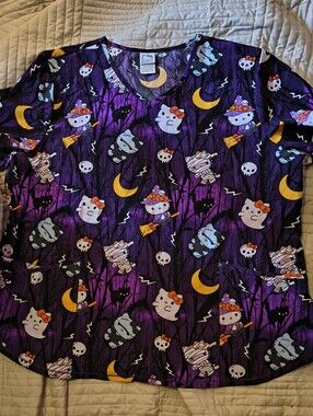 Hello Kitty SCRUB TOP, PURPLE WITH HALLOWEEN PRINT, 2X